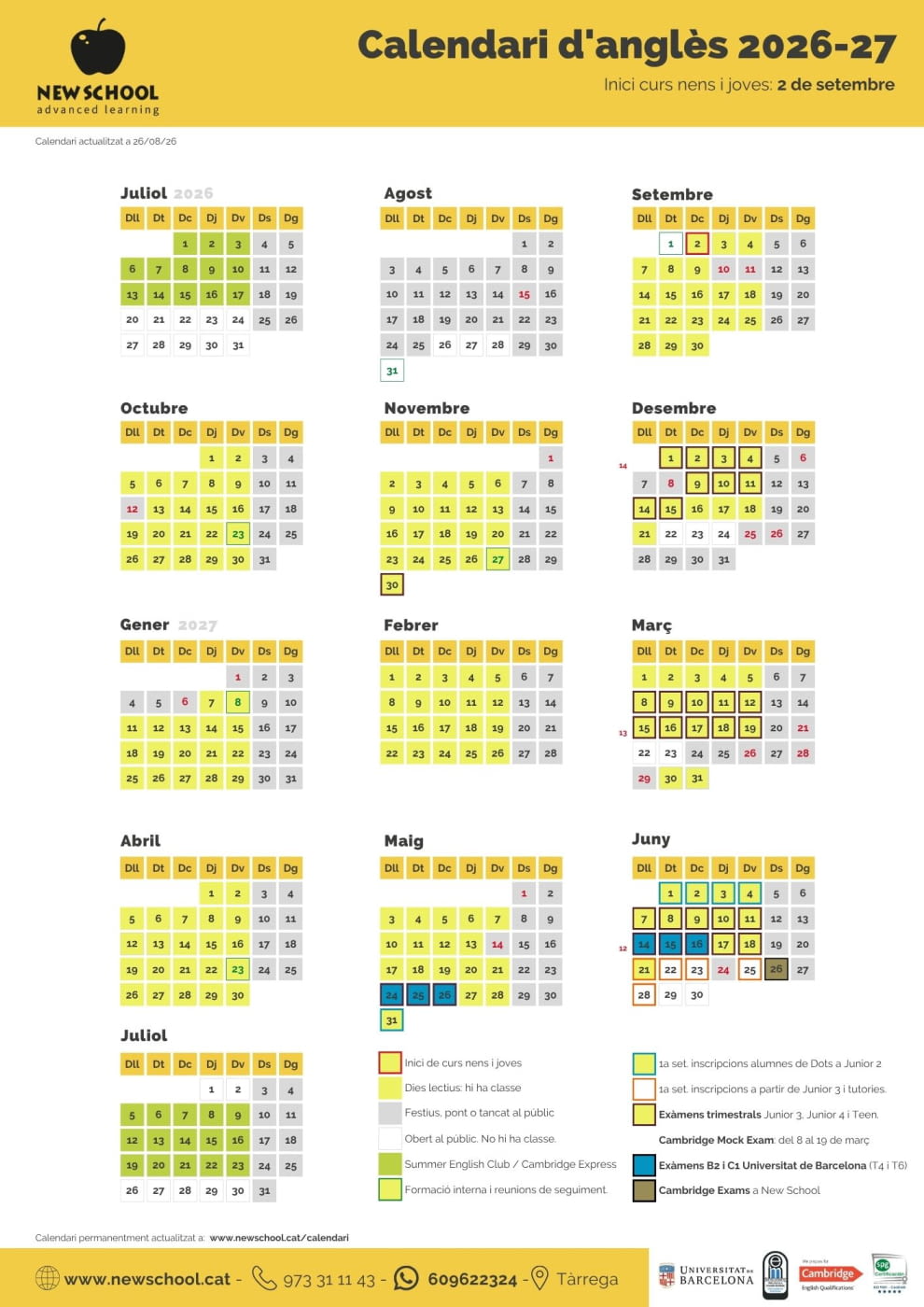 Calendari dels programes d'anglès nens i joves New School 2026-27